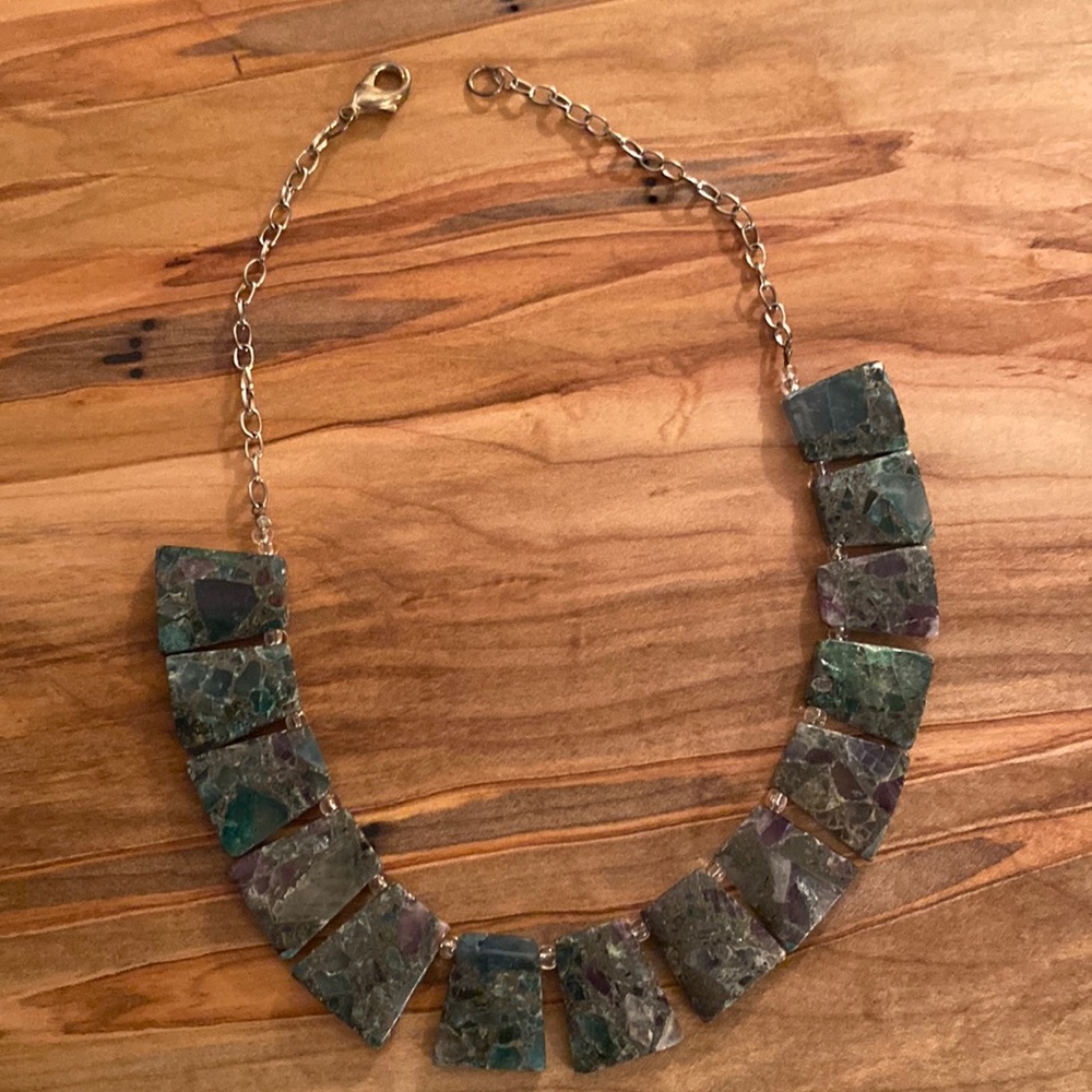 Green with hints of purple trapezoid stone necklace